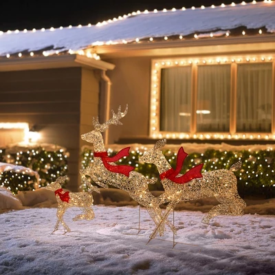 LuxenHome 3-Piece Champagne Gold PET Running Deer Family Outdoor Holiday Decoration With Lights Brown, Red 5 LuxenHome 3-Piece Champagne Gold PET Running Deer Family Outdoor Holiday Decoration With Lights Brown, Red - Image 3