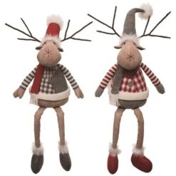 Transpac Plush Reindeer Shelf Sitter Set Of 2 Christmas Home Decorations Polyester Decorative Objects