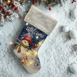 Season's Designs 19-Inch Welcome Snowman With Scarf And Knit Hat Forest Christmas Stocking With LED Lights, Battery Operated, Multicolored Indoor -Northlight Shop GUEST 2c6c5704 c75a 464c bf9e e40db69fe3dd