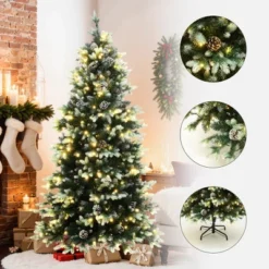 LuxenHome 6Ft Pre-Lit Green Branches With Green And White Tips Artificial Christmas Tree With Stand