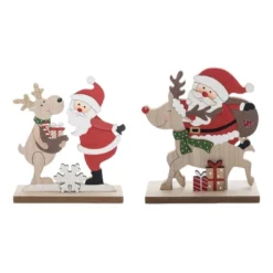 Transpac MDF Santa And Reindeer Decor Set Of 2 Christmas Home Decorations For Festive Holiday Cheer