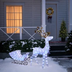 LuxenHome 2-Piece White Reindeer And Sleigh With Silver Bow And Ornaments Outdoor Holiday Decoration With Lights White, Multi, Silver, Brown -Northlight Shop GUEST 430197c2 2eee 41e9 8739 97b3b91b7ff2
