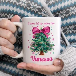 Glitter Christmas Tree Coquette Bow Mug, O Come Let Us Adore Him Holiday Gift (Non-Custom Only)| OrnamentallyYou -Northlight Shop GUEST 592c3c04 2ef4 4759 82aa 2124b62ece1b