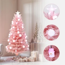 LuxenHome 6Ft Pink Cherry Blossom Christmas Tree With Fiber Optic Lights & Snowman Star Topper