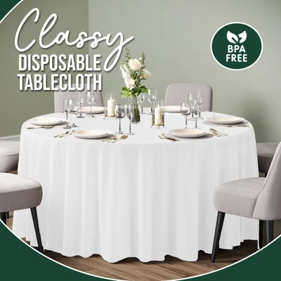 Crown Display White Round Disposable Tablecloth For Parties- 120 Inch White Plastic Table Cloth - Floor Length Tablecloth For 6 Foot Table - 6 Pack 4 Crown Display White Round Disposable Tablecloth For Parties- 120 Inch White Plastic Table Cloth - Floor Length Tablecloth For 6 Foot Table - 6 Pack - Image 2