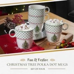 Spode Christmas Tree Polka Dot Stackable Mugs, Set Of 4 - Festive 10oz Mugs, Dishwasher, Microwave, Freezer Safe - Fine Earthenware Holiday Mugs