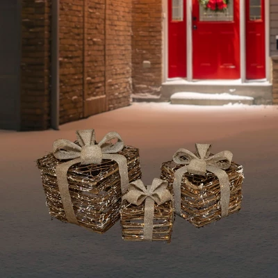 Northlight Lighted Rattan Gift Boxes With Burlap Bows Christmas Decorations - 9" - Set Of 3 3 Northlight Lighted Rattan Gift Boxes With Burlap Bows Christmas Decorations - 9" - Set Of 3