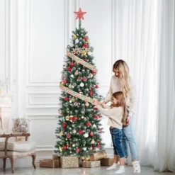 Pre-Lit Slim Christmas Tree With Warm White Lights, Pine Cones & Metal Stand — Weather-Resistant PVC Tips, 6/7.5/9/12 Ft -Northlight Shop GUEST 8f6f15fc e1b0 4111 96e9 f106503dd138