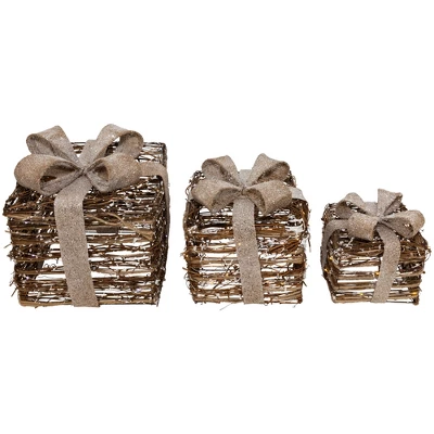 Northlight Lighted Rattan Gift Boxes With Burlap Bows Christmas Decorations - 9" - Set Of 3 4 Northlight Lighted Rattan Gift Boxes With Burlap Bows Christmas Decorations - 9" - Set Of 3 - Image 2