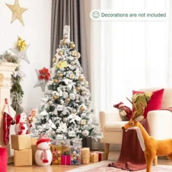 Costway 5ft/6ft/7ft/8ft Snow Flocked Hinged Christmas Tree W/ Berries & Poinsettia Flowers