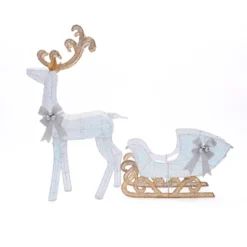 LuxenHome 2-Piece White Reindeer And Sleigh With Silver Bow And Ornaments Outdoor Holiday Decoration With Lights White, Multi, Silver, Brown -Northlight Shop GUEST af77a94e 91ae 4525 974a b5a5716cecb6