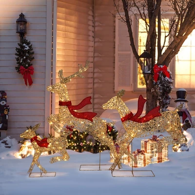 LuxenHome 3-Piece Champagne Gold PET Running Deer Family Outdoor Holiday Decoration With Lights Brown, Red 6 LuxenHome 3-Piece Champagne Gold PET Running Deer Family Outdoor Holiday Decoration With Lights Brown, Red - Image 4