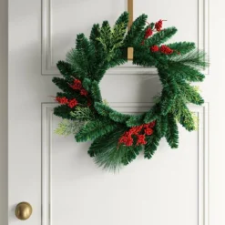 20" Christmas Unlit Mixed Greenery Wreath Red Berries - Wondershop™