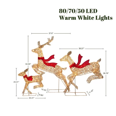 LuxenHome 3-Piece Champagne Gold PET Running Deer Family Outdoor Holiday Decoration With Lights Brown, Red 3 LuxenHome 3-Piece Champagne Gold PET Running Deer Family Outdoor Holiday Decoration With Lights Brown, Red