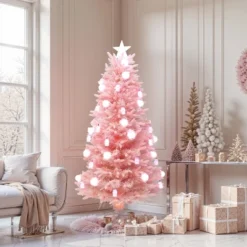LuxenHome 6Ft Pink Cherry Blossom Christmas Tree With Fiber Optic Lights & Snowman Star Topper -Northlight Shop GUEST fa3bf813 1679 44df 819f ee018d403d6e