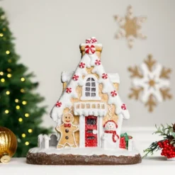 Northlight Snowy Gingerbread Peppermint House With Snowman Christmas Decoration - 11"