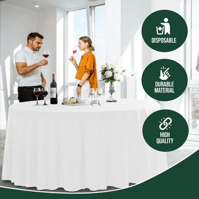 Crown Display White Round Disposable Tablecloth For Parties- 120 Inch White Plastic Table Cloth - Floor Length Tablecloth For 6 Foot Table - 6 Pack 7 Crown Display White Round Disposable Tablecloth For Parties- 120 Inch White Plastic Table Cloth - Floor Length Tablecloth For 6 Foot Table - 6 Pack - Image 5